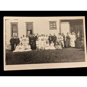 Vintage Photo Large Group Children Old Building Well Dressed AZO Divided Back